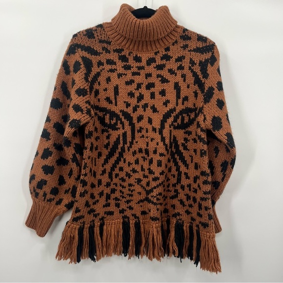 NWT FARM Rio Caramel Leopard Turtleneck Wool Sweater Knit Fleece Pullover XS - Picture 6 of 15